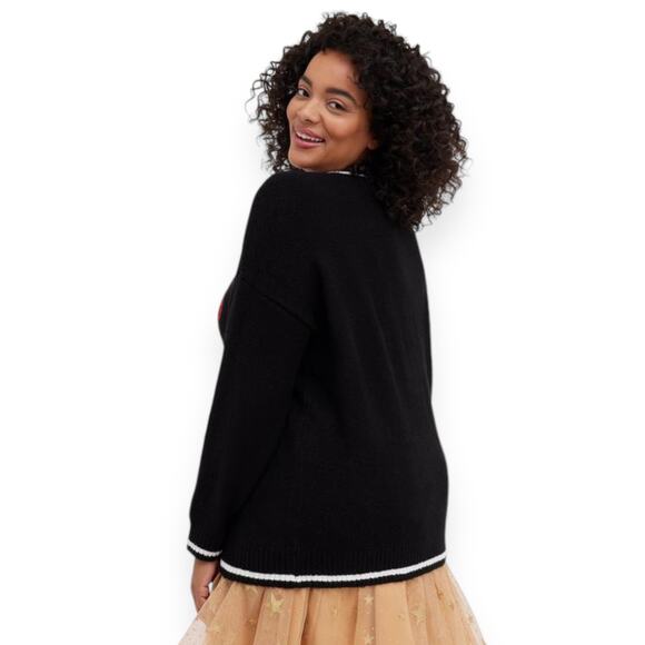 TORRID Oversized Festive Sparkle Holidays Sweater Gold Stars Sequins Lips Black - Picture 2 of 10